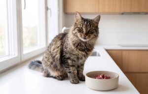 Getigerte Katze vor Futternapf mit Fleisch auf Küchenzeile.