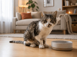 Katze vor Futternapf im Wohnzimmer