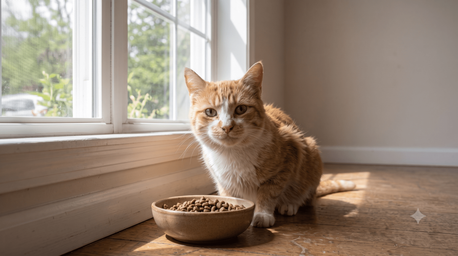 Katze vor Futternapf neben Fenster
