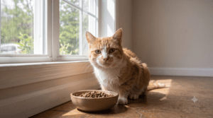 Katze vor Futternapf neben Fenster
