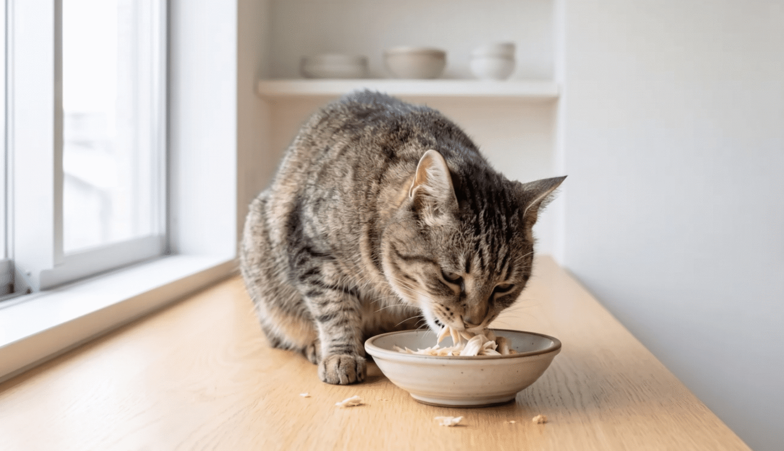 Katze am Essen auf einem Futternapf