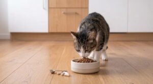 Katze am Essen aus Futternapf. Daneben liegen fünf Tabletten als Nahrungsergänzungsmittel