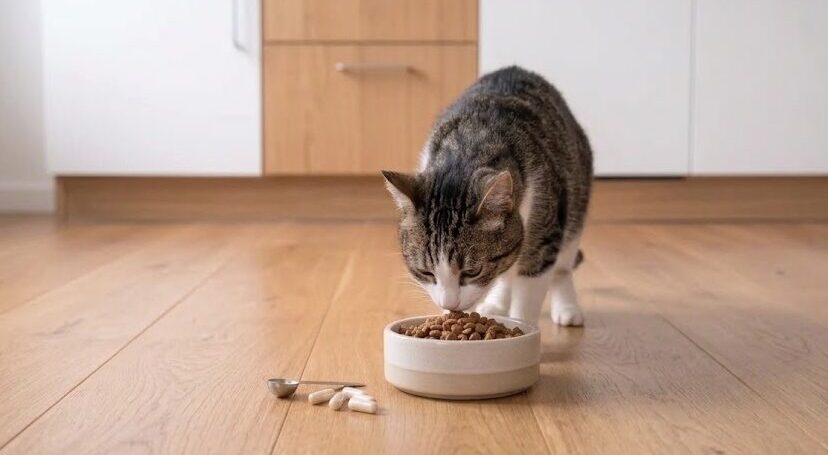 Katze am Essen aus Futternapf. Daneben liegen fünf Tabletten als Nahrungsergänzungsmittel
