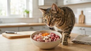 Getigerte Katze vor Futternapf mit Fleisch auf Küchenzeile.