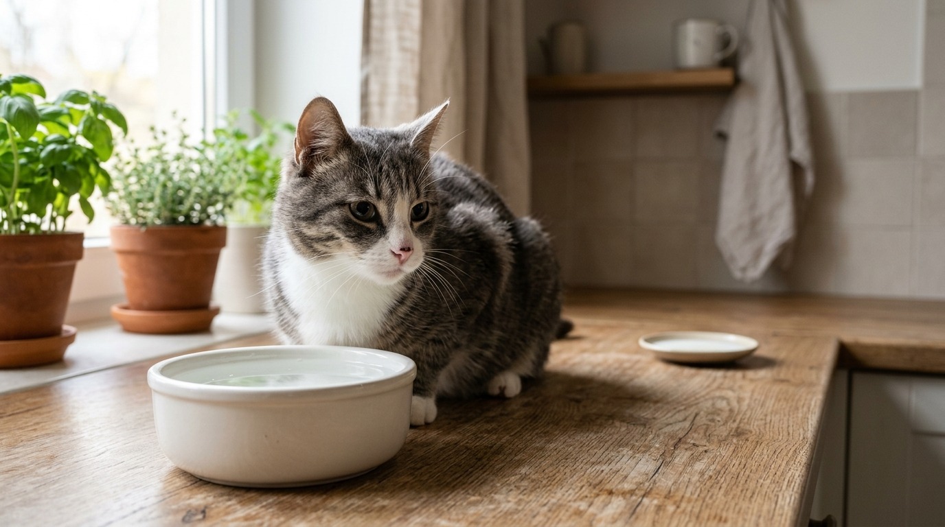 Katze vor Napf auf Holzboden