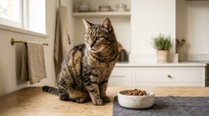 Ältere Hauskatze mit leicht ergrautem Fell sitzt in natürlichem Tageslicht neben einem schlichten Futternapf und blickt erwartungsvoll darauf