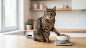 Nahaufnahme einer gesunden Hauskatze neben einem schlichten Futternapf in einer gemütlichen Wohnung bei natürlichem Fensterlicht