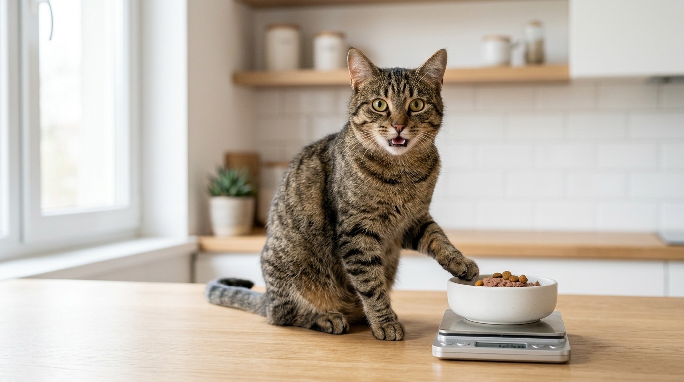 Nahaufnahme einer gesunden Hauskatze neben einem schlichten Futternapf in einer gemütlichen Wohnung bei natürlichem Fensterlicht