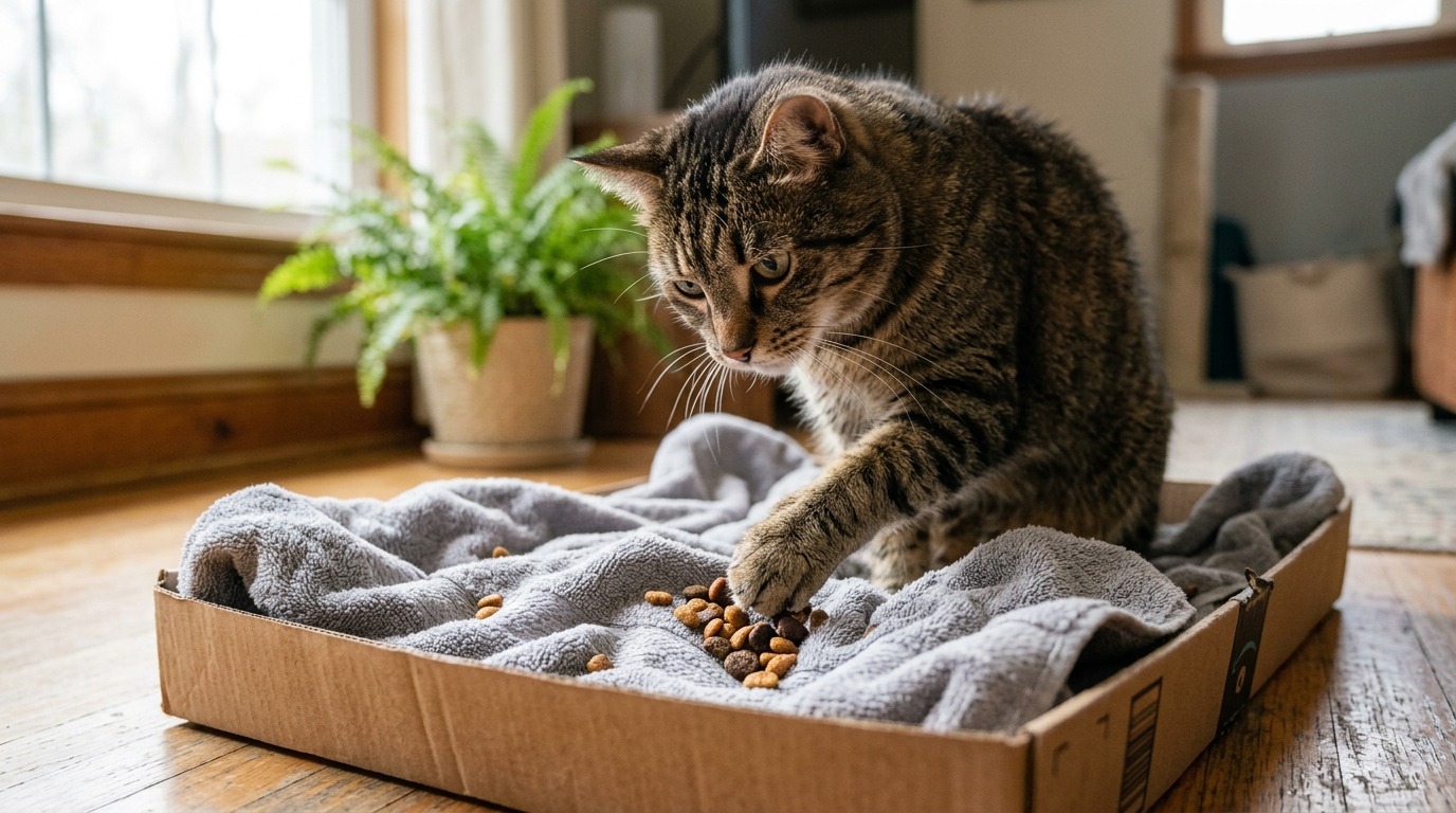 Neugierige getigerte Katze untersucht ein einfaches Futterspiel mit Karton und gefaltetem Handtuch auf dem Boden