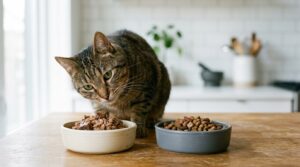 Katze vor Futternapf neben Fenster