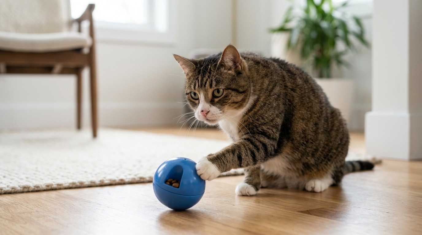 Katze spielt im Wohnzimmer mit einem kleinen Ball.