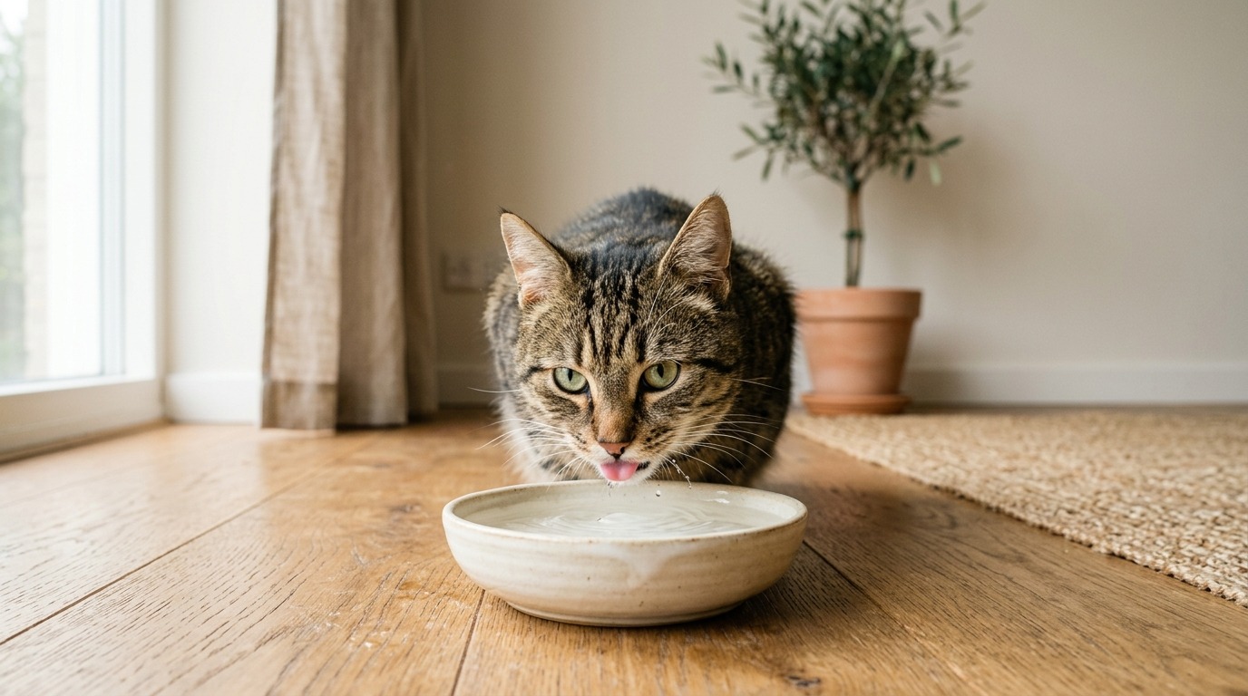 Katze am trinken auf dem Boden