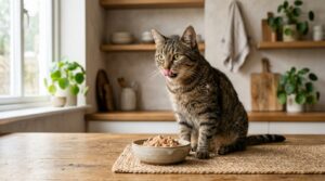 Getigerte Hauskatze mit leicht struppigem Fell sitzt neben einem Napf mit Nassfutter in weichem Tageslicht
