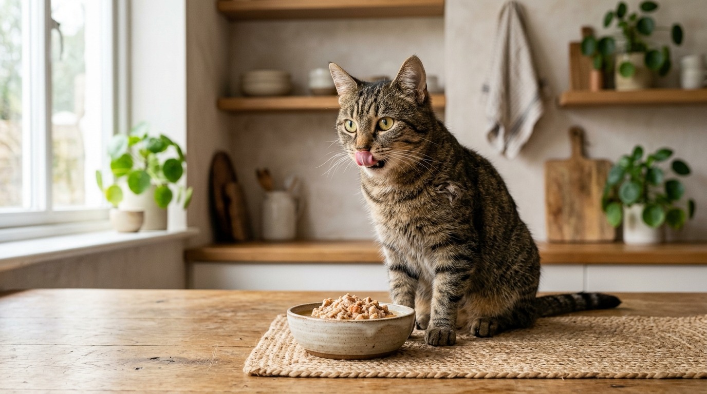 Getigerte Hauskatze mit leicht struppigem Fell sitzt neben einem Napf mit Nassfutter in weichem Tageslicht