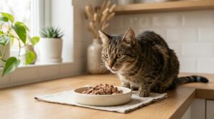 Katze vor Futternapf im Wohnzimmer