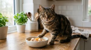 Katze am Essen auf einem Futternapf