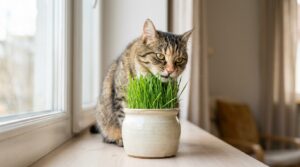 Nahaufnahme einer gesunden Hauskatze in einem hellen Raum, die frisches Katzengras aus einem kleinen Topf knabbert