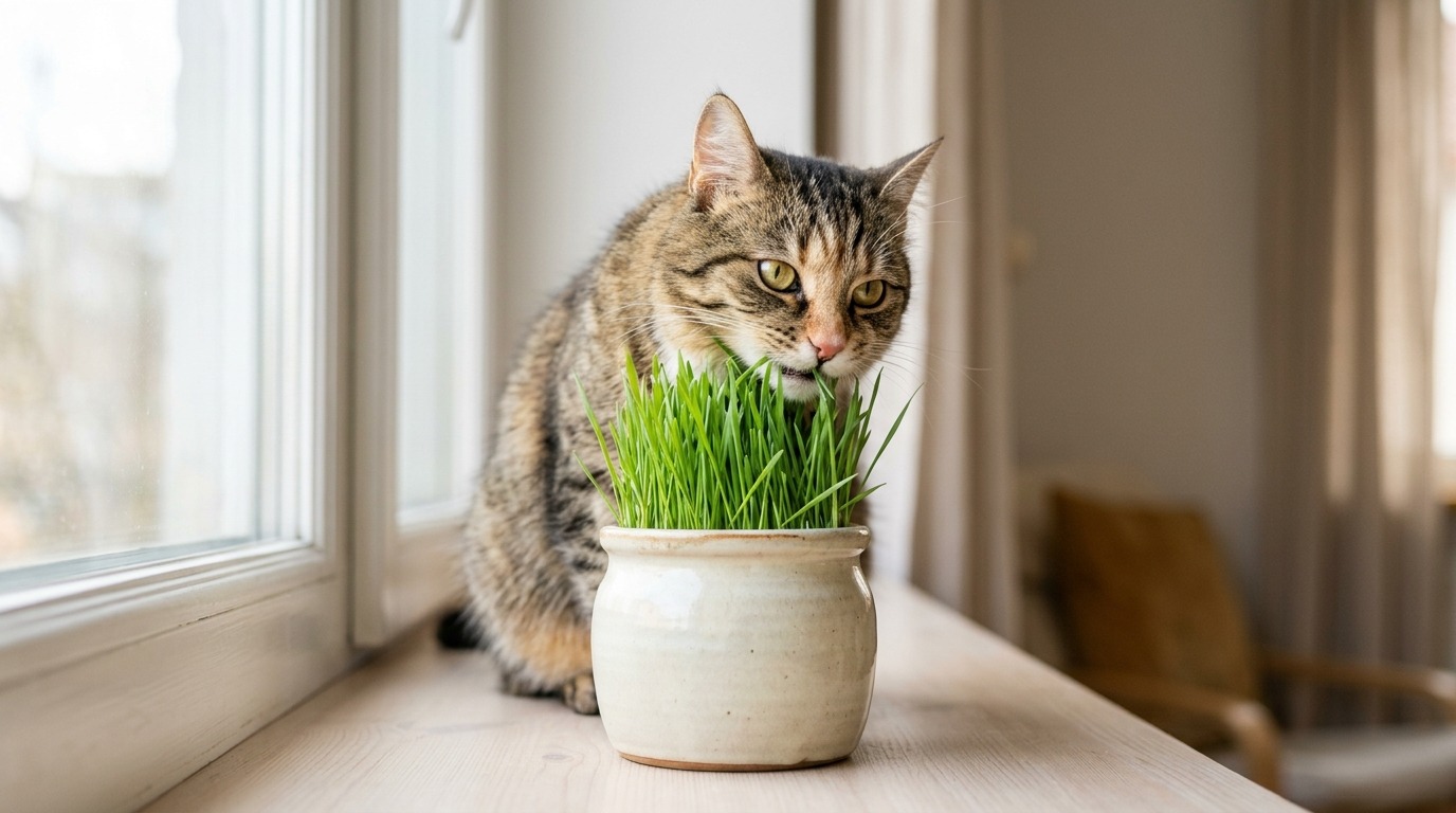 Nahaufnahme einer gesunden Hauskatze in einem hellen Raum, die frisches Katzengras aus einem kleinen Topf knabbert