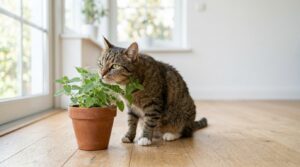 Nahaufnahme einer Hauskatze in Innenräumen, die auf Katzenminze reagiert, neben Katzenminze auf einem Holzboden