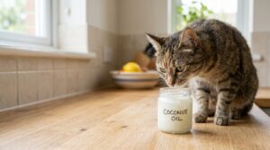 Katze schnüffelt an Kokosölglas auf Holzboden
