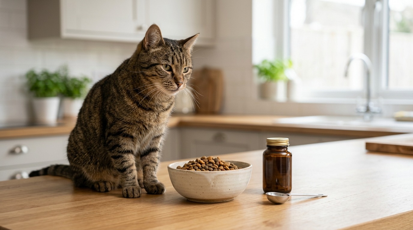 Katze am Essen aus Futternapf. Daneben liegen fünf Tabletten als Nahrungsergänzungsmittel
