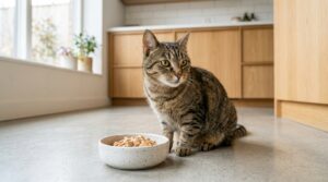 Nahaufnahme einer gesunden Hauskatze neben einem schlichten Futternapf in heller, ruhiger Innenumgebung