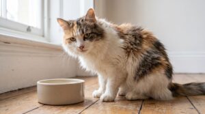 Nahaufnahme einer gesunden Katze neben einem schlichten Wassernapf in einer ruhigen Innenumgebung