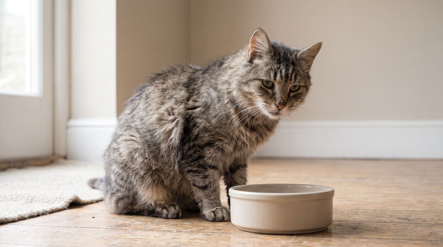 Ältere Hauskatze mit leicht ergrautem Fell sitzt in natürlichem Tageslicht neben einem schlichten Futternapf und blickt erwartungsvoll darauf