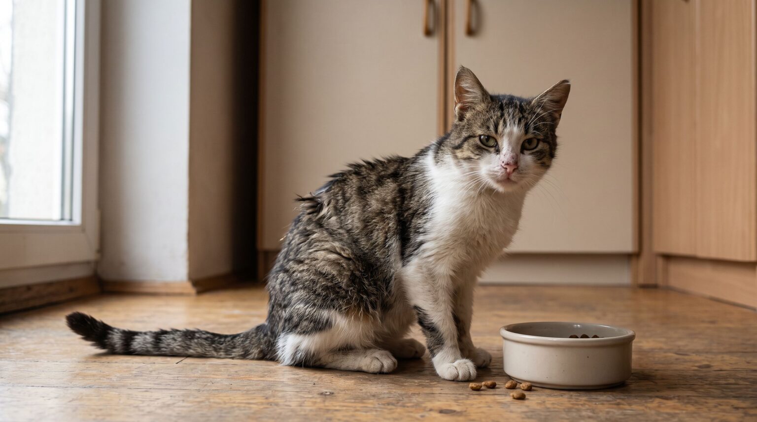 Einzelne Hauskatze sitzt ruhig neben einem schlichten Futternapf in einer minimalistischen Küche bei weichem Tageslicht