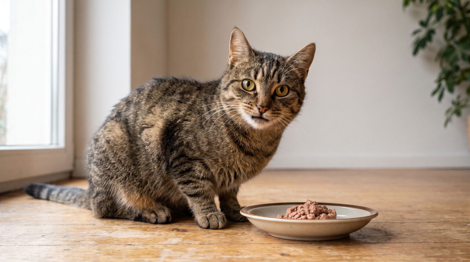 Kurzhaarige getigerte Hauskatze mit leicht struppigem Fell sitzt neben einem Napf mit Nassfutter in weichem Tageslicht