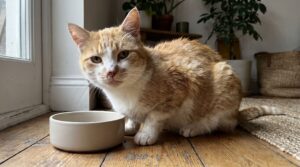 Nahaufnahme einer gesunden Hauskatze neben einem schlichten Futternapf in einer gemütlichen Wohnung bei natürlichem Fensterlicht