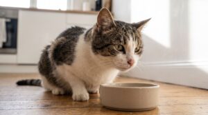 Nahaufnahme einer gesunden Hauskatze auf einem schlichten Küchenboden, die mit leicht neugierigem Blick auf einen leeren Futternapf schaut