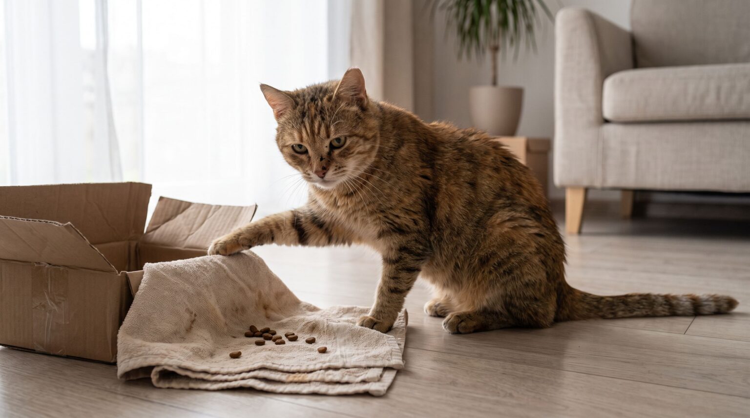 Neugierige getigerte Katze untersucht ein einfaches Futterspiel mit Karton und gefaltetem Handtuch auf dem Boden