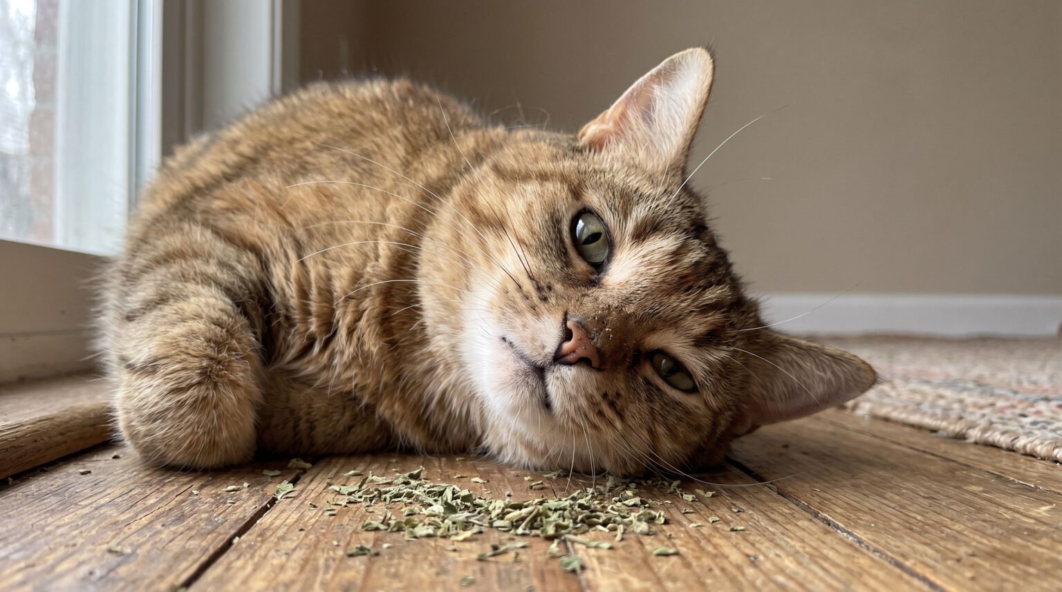Nahaufnahme einer Hauskatze in Innenräumen, die auf Katzenminze reagiert, neben einem kleinen Haufen getrockneter Katzenminze auf einem Holzboden
