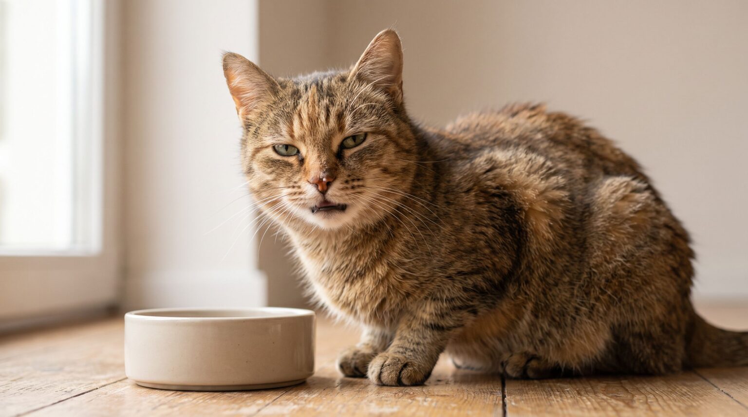 Nahaufnahme einer gesunden Hauskatze neben einem schlichten Futternapf in heller, ruhiger Innenumgebung