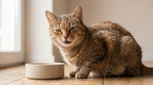 Nahaufnahme einer gesunden Hauskatze neben einem schlichten Futternapf in heller, ruhiger Innenumgebung