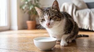 Nahaufnahme einer erwachsenen Hauskatze mit leicht zerzaustem Fell neben einer kleinen weißen Schale Milch in weichem Fensterlicht