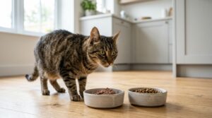 Einzelne Hauskatze sitzt ruhig neben einem schlichten Futternapf in einer minimalistischen Küche bei weichem Tageslicht